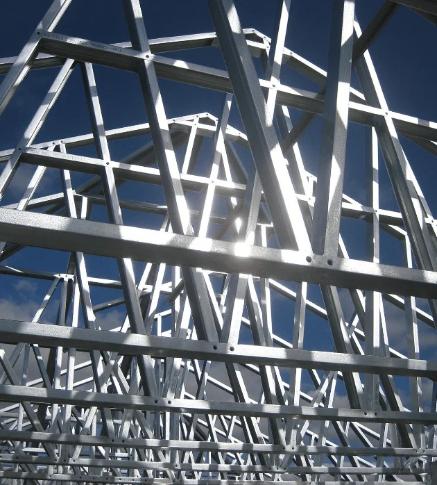 Close-up of galvanized steel roof trusses for Florida barndo