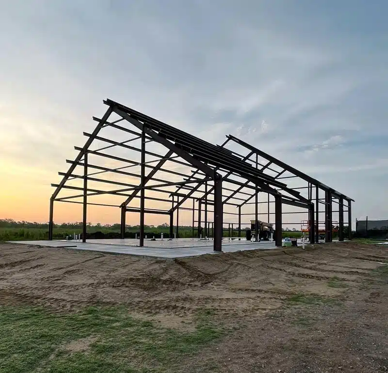 Barndominium frame at sunset in Florida